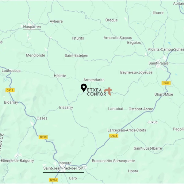 carte de la zone d'intervention d'Etxea Confort, plombier chauffagiste basé à Iholdy autour d'Hasparren, Saint-Palais et Saint-Jean-Pied-de-Port